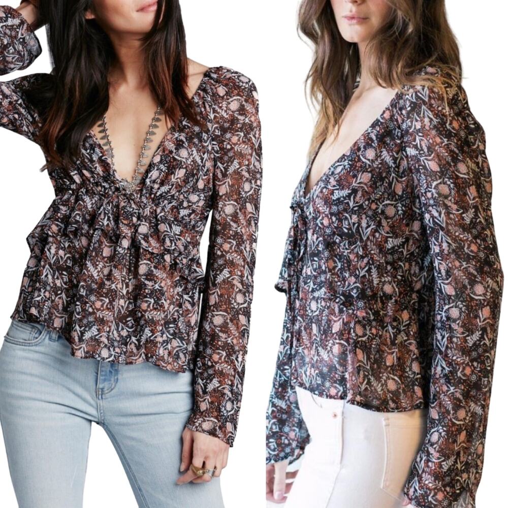 Free People Uptown Floral Top Cropped Cinched Waist Bell Sleeve Black Womens XS